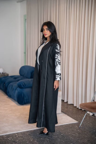 Black natural linen blazer abaya with embroidery C:IB331 Black