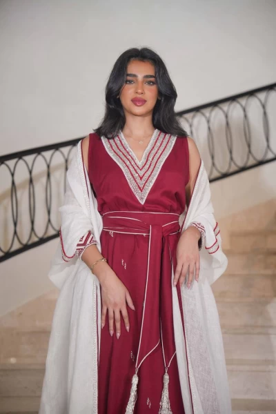 White raw burlap bisht with burgundy linen dress with hand embroidery C:IB301 Wihte