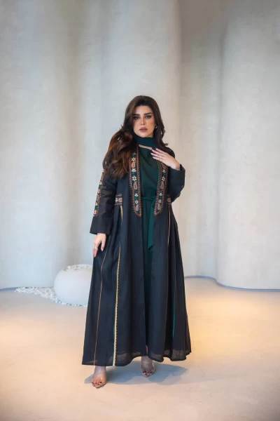 Black Linen Abaya with Embroidery C:IB308